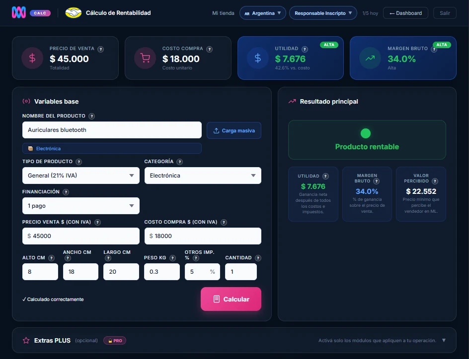 Calculadora de rentabilidad de MercadoLibre en MMINT Calc: unos auriculares bluetooth a 45.000 pesos con un costo de 18.000 dejan una utilidad de 7.676 pesos. Producto rentable.